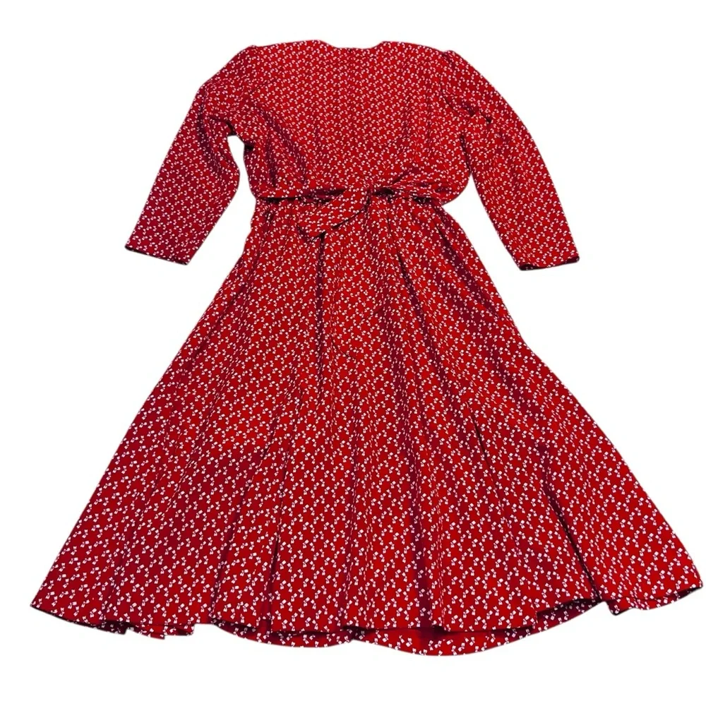 Henry Lee Vintage Red Bow Print Dress Union Made Size 14 Belted Full Skirt‎